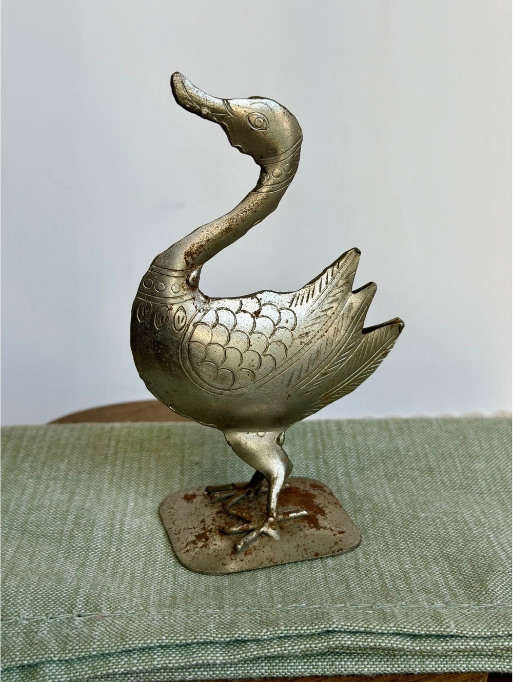 Vintage Etched Metal Goose Swan Figurine Silver Tone Bird Decor 5"